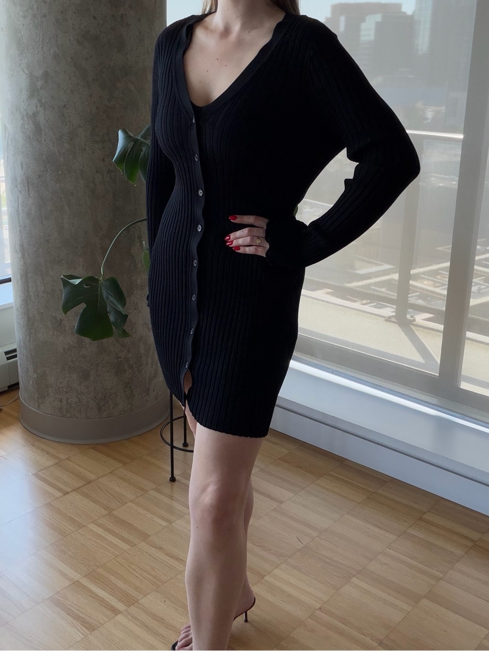 & Other Stories ribbed knitted mini dress in black